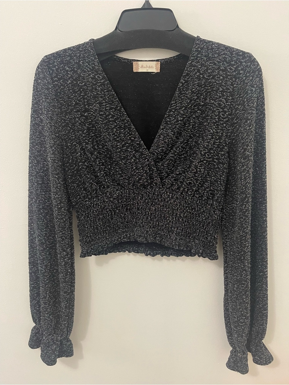 Altar'd State Black Sparkle V-Neck Smocked Long Sleeve Top